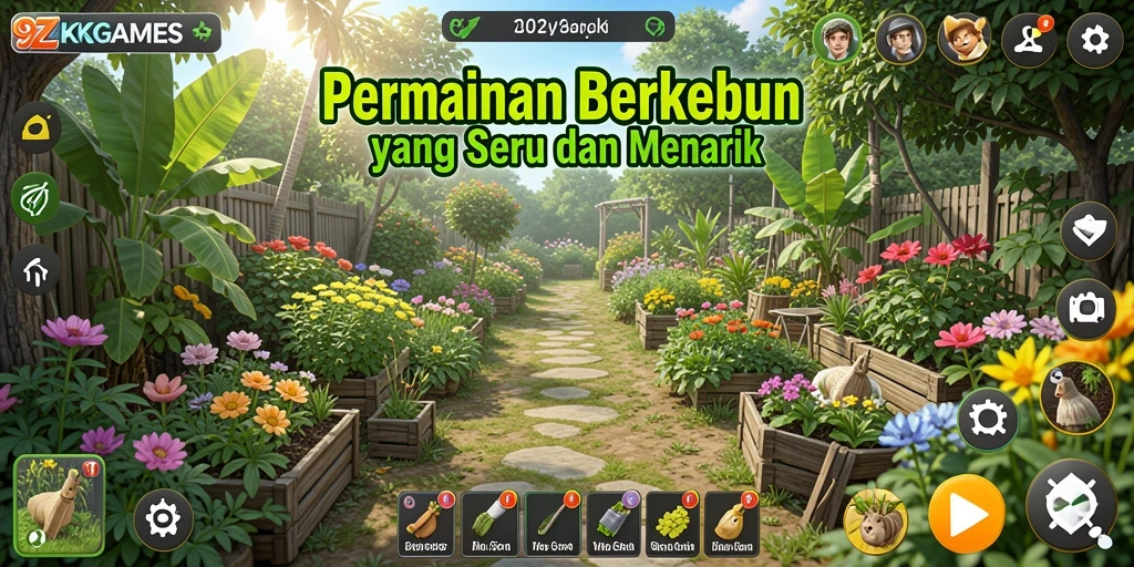 Screenshot gameplay 9ZKGAMES yang menunjukkan keindahan kebun yang dikelola pemain.