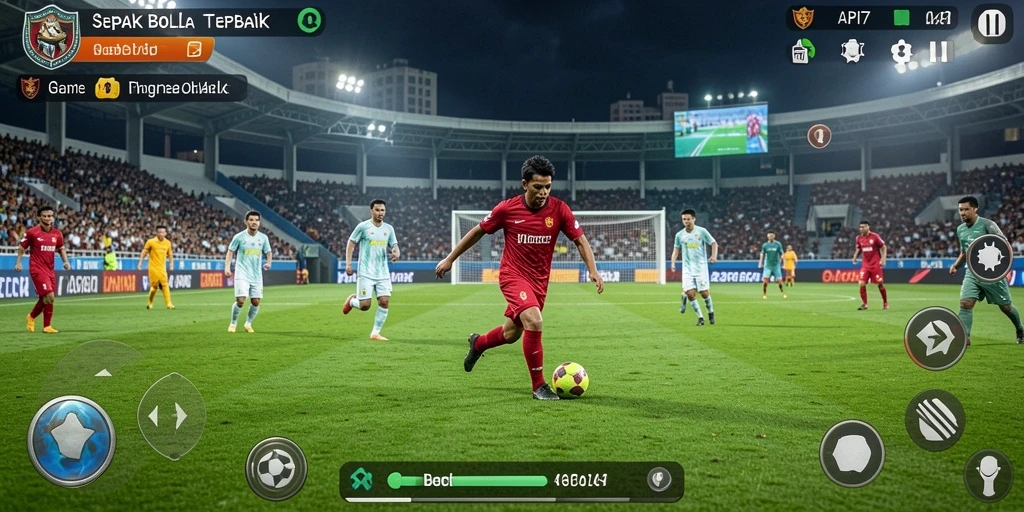 Screenshot utama menunjukkan aksi mendebarkan dalam permainan sepak bola.