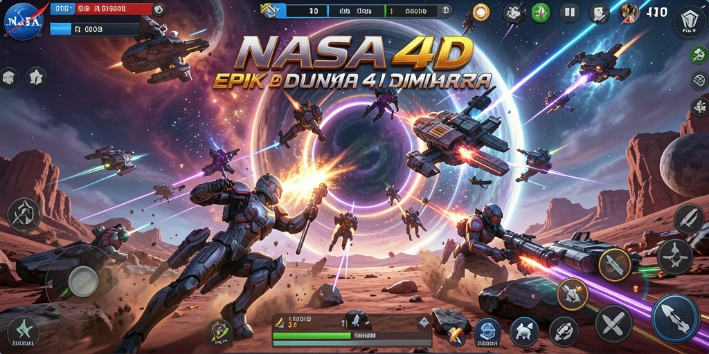 Screenshot gameplay NASA4D menampilkan pertarungan dinamis antara karakter dengan latar belakang 4D.