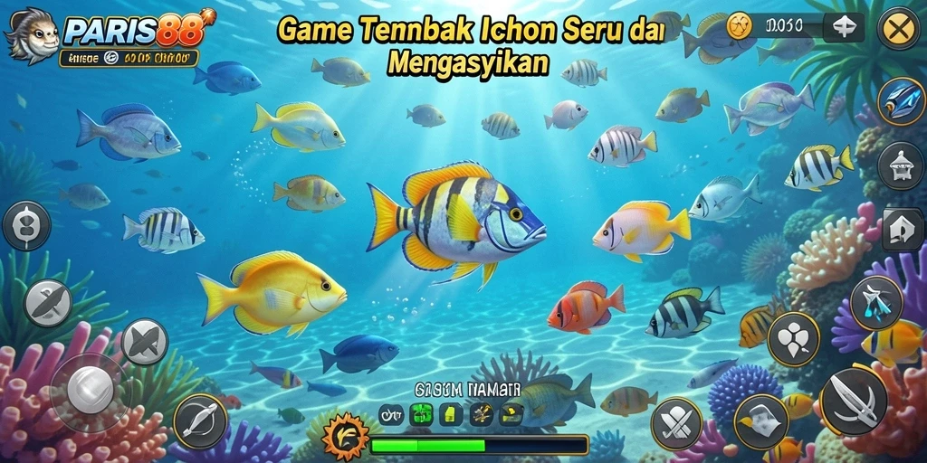 Tangkapan layar utama dari gameplay <strong>PARIS88</strong> yang menampilkan aksi menembak ikan.