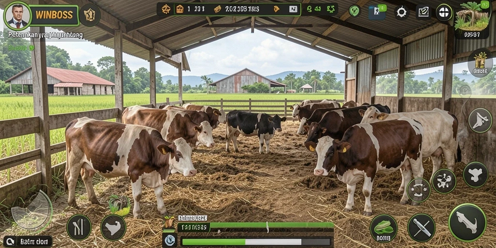 Gameplay menarik di WINBOSS menampilkan pemandangan pertanian yang indah.